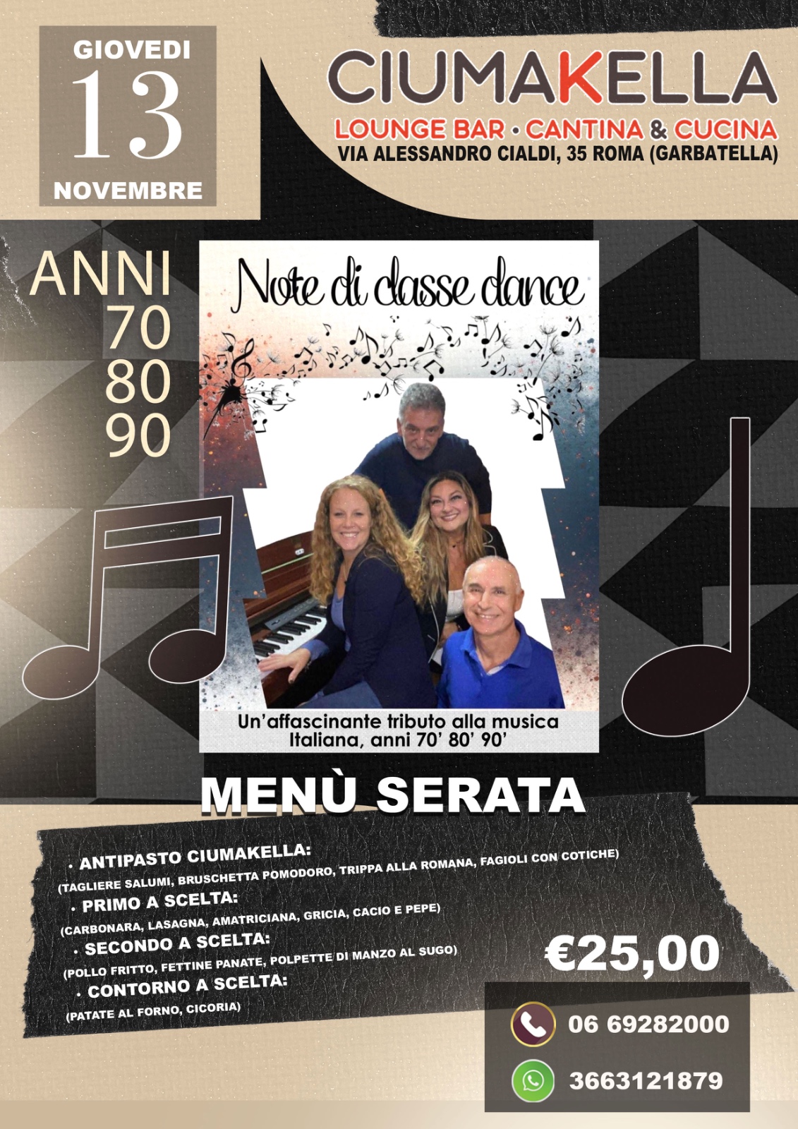 Musica live anni '70 '80 '90 con la band "Note di Classe Dance" - Ristorante a Roma Garbatella in via Alessandro Cialdi 35