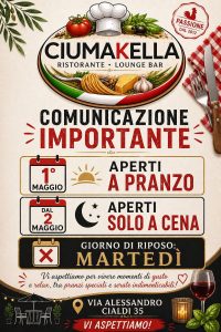 Ristorante Ciumakella aperto a pranzo dal 2 Maggio