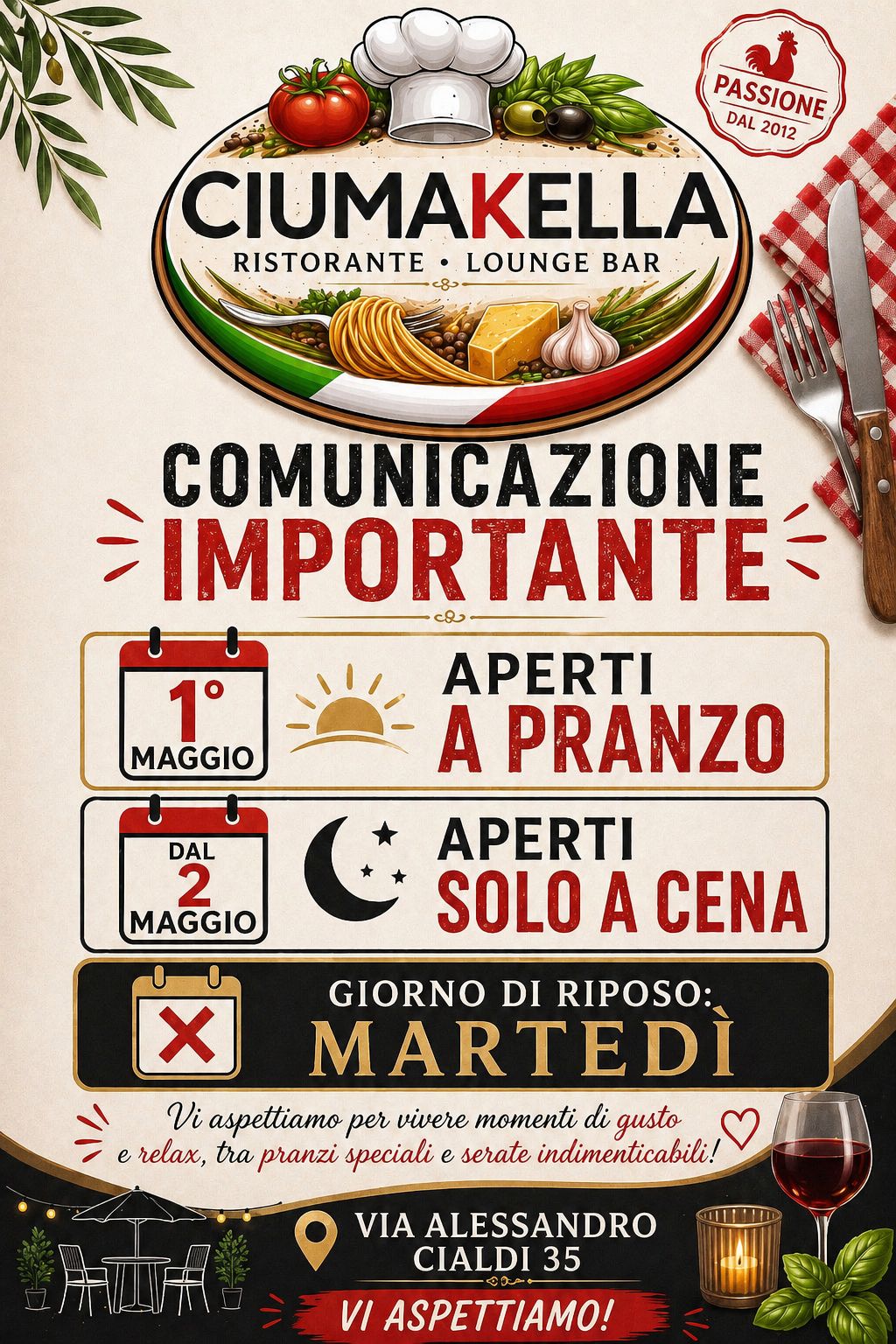 Ristorante Ciumakella aperto a pranzo dal 2 Maggio